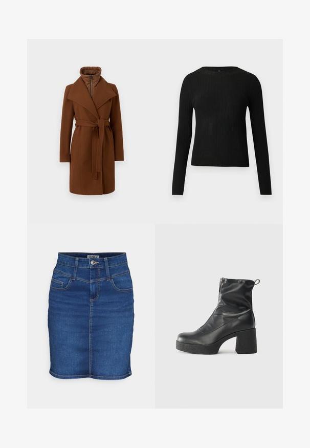 Rjav plašč iz volnene mešanice z pasom, širokimi reverji in visokim ovratnikom. Ima zadrgo spredaj in prešito notranjost za toplotno izolacijo.; Črna rebrasta dolgosleeve prilegnjena pulover s krožnim ovratnikom, prikazan na enostavni svetli podlagi.; Denim krilo v temno modri barvi s prilegajočim dizajnom. Ima pet žepov, gumbasto zapiranje in kontrastno šivanje ob šivih.; Črne gležnjarje iz gladke kože z božnim zadrgo, masivnim teksturiranim peto in zaobljeno obliko prstov.