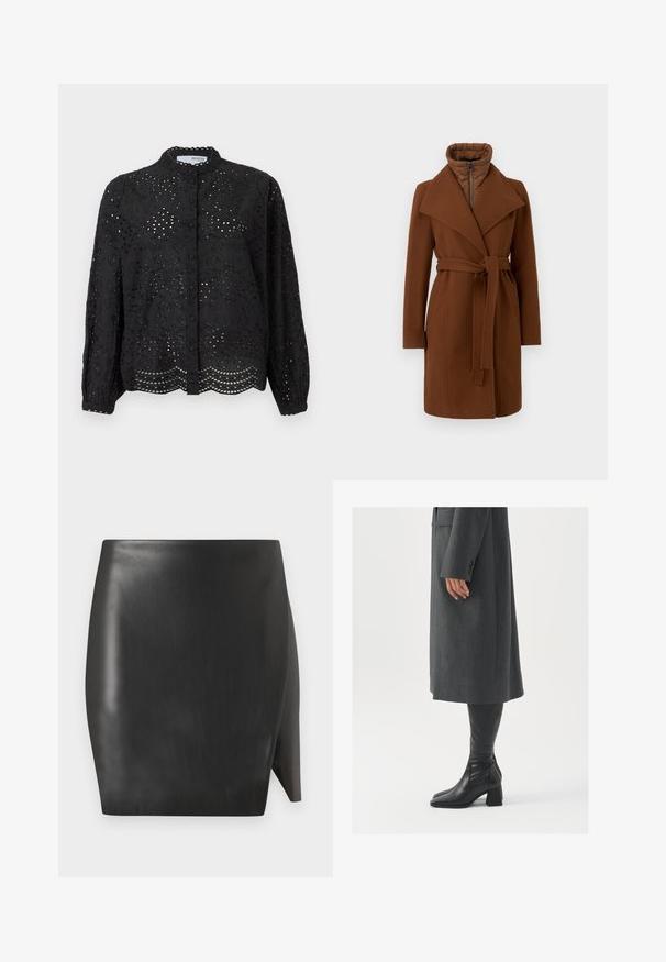 Barna gyapjúkeverék kabát övvel a deréknál, széles hajtókákkal és magas gallérral. Cipzáras elülső rész és steppelt belső bélés a hőszigetelés érdekében.; Fekete gombos blúz hosszú ujjakkal, bonyolult lyukasztott mintázattal és fodros hempergővel. Könnyű anyagból készült, texturált felülettel.; Fekete bőr mini szoknya sima textúrával, egyenes siluettel és aszimmetrikus szegéllyel az egyik oldalon.; Szürke, szabott overál, egyenes vonallal; térd fölé érő fekete bőrcsizmákkal párosítva, négyzetes orral és vastag sarokkal.