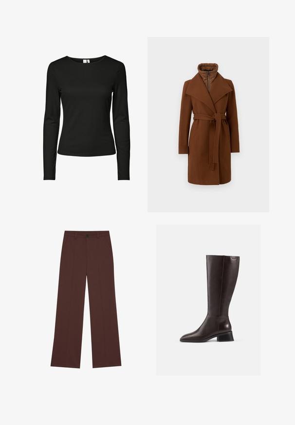 Rudas vilnos mišinys paltas su dirželiu liemeniui, plačiomis atvartais ir aukštu apykakle. Yra užtrauktukas priekyje ir siūti vidaus izoliacijai.; Juodas ilgomis rankovėmis marškinėliai, pagaminti iš lygaus audinio, su klasikinėmis apykaklėmis ir prisitaikantiems siluetu, be matomų raštų ar puošmenų.; Platūs kelnės iš turtingos rudos medžiagos. Savybėse yra mygtukų uždarymas, dvi priekinės kišenės, lygi tekstūra ir švarios linijos.; Knee-high rudos odinės botai su lygiu paviršiumi, apvaliu pirštu ir juodu aukštu kulnu. Paprastas dizainas su minimaliais detalėmis.