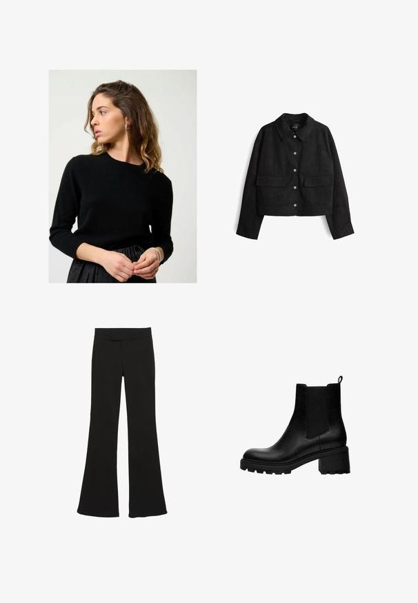 Black suede jacket with a collar, featuring silver snap buttons, two front pockets, and a cropped design with long sleeves.; Black, knitted sweater with a round neckline and three-quarter sleeves, paired with a pleated black skirt. Smooth texture, form-fitting design.; Black sleeveless crop top made of smooth fabric, featuring a round neck and a clean, simple design without patterns or hardware.; Black flared trousers made of a smooth fabric, featuring a mid-rise waist and side pockets, with a clean, tailored silhouette.; Black leather ankle boots with a rounded toe, elastic side panels, and a chunky block heel. Textured sole for grip.