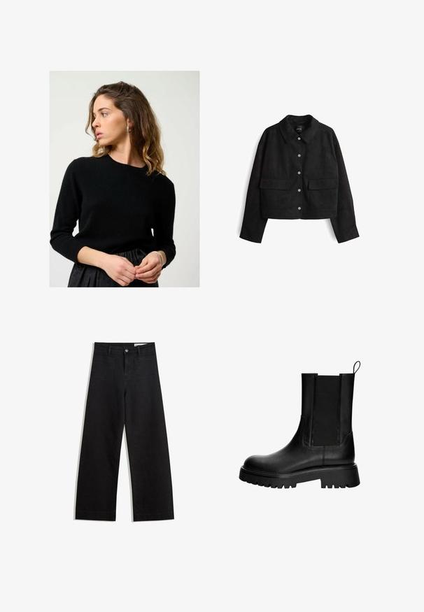 Black suede jacket with a collar, featuring silver snap buttons, two front pockets, and a cropped design with long sleeves.; Black, knitted sweater with a round neckline and three-quarter sleeves, paired with a pleated black skirt. Smooth texture, form-fitting design.; Black wide-leg denim pants with a high waist, featuring front and back pockets, stitched seams, and a button closure. Smooth texture.; Black leather ankle boot featuring a smooth finish, elastic side panels, and a chunky sole with deep tread. Loop at the back for easy wear.