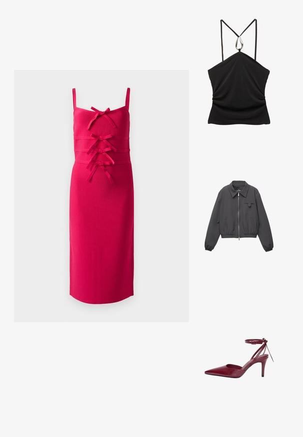 Tmavě šedá mikina na zip s širokým límcem, elastickými manžetami a spodním lemem, dvěma bočními kapsami a malou klopovou kapsou na hrudi.; Upnuté, bezramenné šaty z jasně růžové látky. Mají texturovaný povrch a dekorativní mašle po celé přední části. Rovný lem.; Černý bezrukávový top s výstřihem do V a tenkými ramínky, s stříbrným akcentem ve tvaru kapky na výstřihu a sbíranou texturou na přední straně.; Burgundské kožené lodičky na vysokém podpatku s špičatou špičkou, otevřenými stranami a kotníkovým páskem. Vyznačují se elegantním designem a hladkým povrchem.