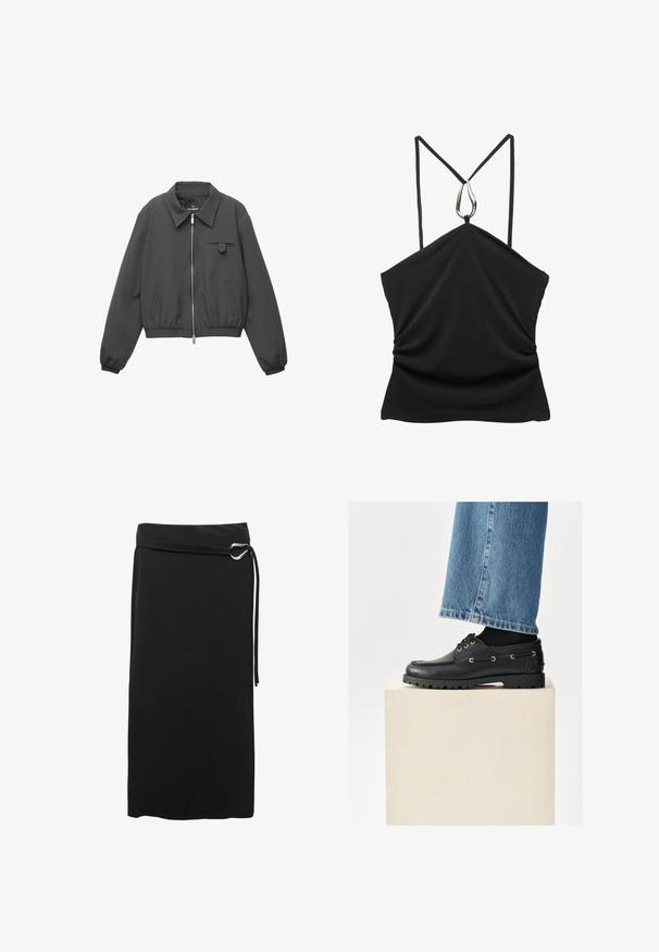 Jachetă zip-up de culoare gri închis, cu guler lat, manșete și tiv elastic, două buzunare laterale și un mic buzunar cu clapetă pe piept.; Top negru fără mâneci, cu decolteu în V și bretele subțiri, având un accent argintiu în formă de picătură la decolteu și o textură plisată în față.; Fustă midi neagră, dintr-un material neted. Prezintă un design minimalist, un curea cu inel metalic și o talie înaltă.; Pantofi din piele neagră cu vârf rotund, cu șireturi și ochiuri aurii. Talpă robustă. Purtați cu blugi albaștri care acoperă ușor pantofii.