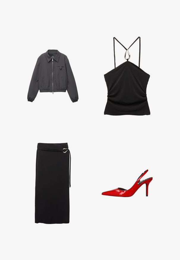 Veste zippée gris foncé avec un large col, des poignets et un ourlet élastiques, deux poches latérales et une petite poche à rabat sur la poitrine.; Haut sans manches noir avec un décolleté en V et des bretelles fines, présentant un accent en forme de goutte d'eau argentée au niveau du décolleté et une texture froncée à l'avant.; Jupe noire midi en tissu lisse. Possède un design minimaliste, une ceinture avec un anneau en métal et une taille haute.; Pomp en cuir verni rouge avec un bout pointu et un talon aiguille élégant, présentant un design découpé sur les côtés.