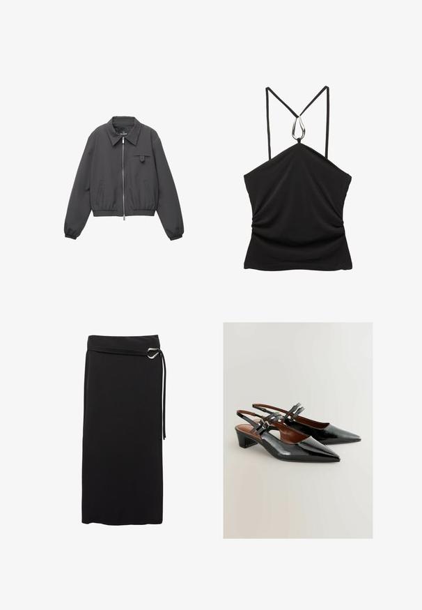 Sötétszürke cipzáras dzseki széles gallérral, rugalmas mandzsettákkal és aljjal, két oldalsó zsebbel és egy kis fedélzsebbel a mellkasán.; Fekete ujjatlan felső, V-nyakkal és vékony pántokkal, ezüst csepp alakú díszítéssel a nyakrésznél, valamint redőzött textúrával az elején.; Fekete midiszoknya sima anyagból. Minimalista dizájn jellemzi, fémgyűrűs övvel és magas derékkal rendelkezik.; Fekete lakk bőr szandálcipők hegyes orral, közepes sarkú, díszes csattal. Simább textúrával és elegáns dizájnnal rendelkezik.