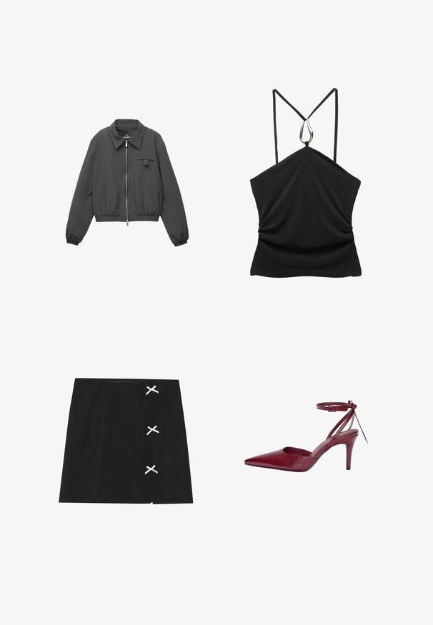 Sötétszürke cipzáras dzseki széles gallérral, rugalmas mandzsettákkal és aljjal, két oldalsó zsebbel és egy kis fedélzsebbel a mellkasán.; Fekete ujjatlan felső, V-nyakkal és vékony pántokkal, ezüst csepp alakú díszítéssel a nyakrésznél, valamint redőzött textúrával az elején.; Fekete mini szoknya sima textúrával, fehér keresztbe tett szalagokkal a bal oldalon. Egyszerű dizájn, egyenes fazonnal.; Burgundi bőrből készült, hegyes orrú, nyitott oldalú, bokapántos magas sarkú cipő. Karcsú dizájnja és sima felülete jellemzi.