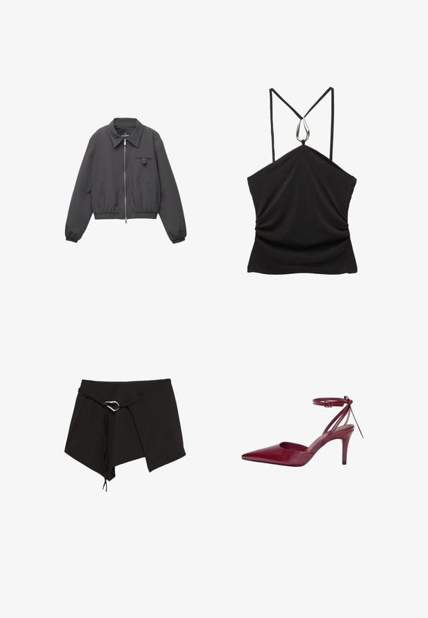 Tamno siva zip-up jakna sa širokim ovratnikom, elastičnim manžetama i donjim rubom, dva bočna džepa i mali preklopni džep na prsima.; Crna bezrukavna majica s V-izrezom i tankim naramenicama, s dodatkom srebrne suze na izrezu i naglašenom nabranom teksturom na prednjem dijelu.; Crna suknja s omotom, izrađena od mekanog materijala, s dijagonalnim rezom, podesivim vezanjem s srebrnim detaljem i asimetričnom ovalnom rubom.; Burgundska kožna cipela s visokom petom, šiljastim prstom, otvorenim stranama i remenom oko gležnja. Ima elegantan dizajn i glatku teksturu.