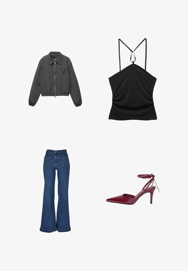 Sötétszürke cipzáras dzseki széles gallérral, rugalmas mandzsettákkal és aljjal, két oldalsó zsebbel és egy kis fedélzsebbel a mellkasán.; Fekete ujjatlan felső, V-nyakkal és vékony pántokkal, ezüst csepp alakú díszítéssel a nyakrésznél, valamint redőzött textúrával az elején.; Sötétkék farmerből készült, magas derekú, bővülő szárú farmerek, öt zsebbel, sárga varrásokkal és deréknál gombos záródással.; Burgundi bőrből készült, hegyes orrú, nyitott oldalú, bokapántos magas sarkú cipő. Karcsú dizájnja és sima felülete jellemzi.