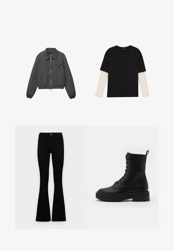 Sötétszürke cipzáras dzseki széles gallérral, rugalmas mandzsettákkal és aljjal, két oldalsó zsebbel és egy kis fedélzsebbel a mellkasán.; Fekete pamut póló, rövid ujjal, fehér hosszú ujjú réteg fölött, finom textúrával. Kerek nyakkivágású dizájn.; Fekete, magas derekú farmernadrág gomb- és cipzárzárral, elülső zsebekkel és harangszárral, laposan egy fehér háttérre terítve.; Fekete fűzős bokacipő, struktúrált bőrből készült, fém fűzőlyukakkal és masszív platformtalpával, amely gumibetéttel rendelkezik a tapadás érdekében.