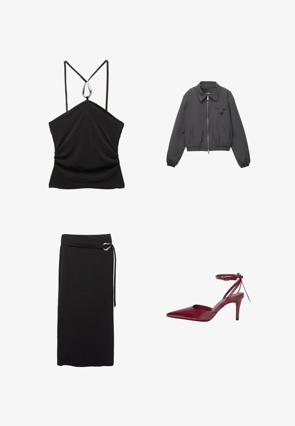 Jachetă zip-up de culoare gri închis, cu guler lat, manșete și tiv elastic, două buzunare laterale și un mic buzunar cu clapetă pe piept.; Top negru fără mâneci, cu decolteu în V și bretele subțiri, având un accent argintiu în formă de picătură la decolteu și o textură plisată în față.; Fustă midi neagră, dintr-un material neted. Prezintă un design minimalist, un curea cu inel metalic și o talie înaltă.; Pantof burgundy din piele, cu toc înalt, vârful ascuțit, laterale deschise și bareta la gleznă. Prezintă un design elegant și o textura netedă.