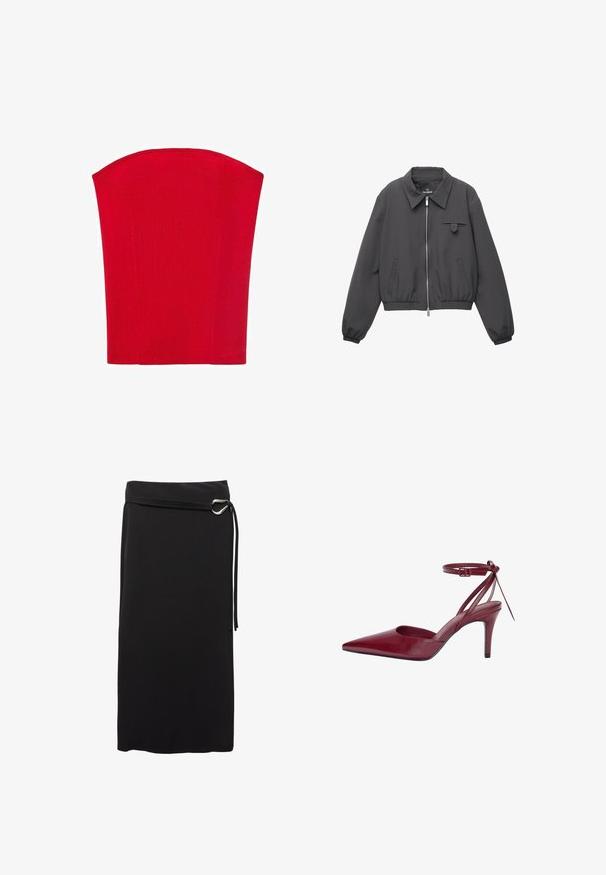 Tmavošedá zipová bunda so širokým golierom, elastickými manžetami a lemom, dvoma bočnými vreckami a malým klopovým vreckom na prsiach.; Červený korzetový top bez ramienok vyrobený z ribbed materiálu. Má štruktúrovaný tvar s rovnými okrajmi. Hladká textúra, bez viditeľných vzorov.; Čierna midi sukňa vyrobená z hladkej tkaniny. Vyznačuje sa minimalistickým dizajnom, opaskom s kovovým kruhom a vysokým pásom.; Burgundská kožená lodička na vysokom opätku s špicatou špičkou, otvorenými stranami a remienkom okolo členku. Má elegantný dizajn a hladkú textúru.