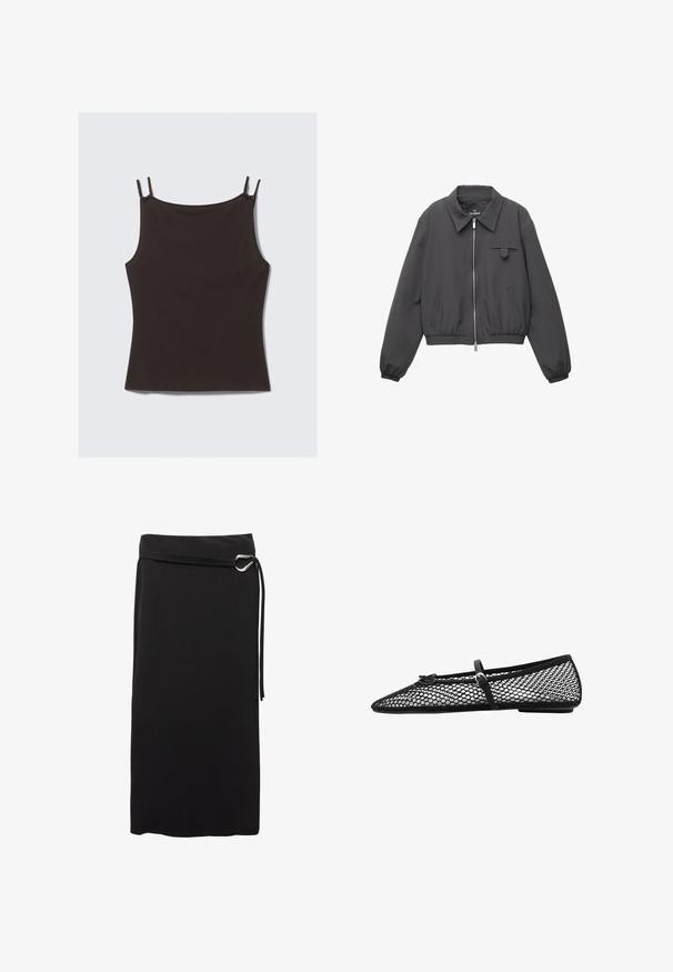 Tamno siva zip-up jakna sa širokim ovratnikom, elastičnim manžetama i donjim rubom, dva bočna džepa i mali preklopni džep na prsima.; Crna majica bez rukava s tankim podesivim trakama, izrađena od mekanog materijala, s jednostavnim, uskim dizajnom i glatkom teksturom.; Crna midi suknja od glatkog materijala. Ima minimalistički dizajn, remen s metalnim prstenom i visok struk.; Crne mrežaste balerinke s oštrim nosom, ukrasnom trakom i suptilnim naglaskom. Imaju otvoreni mrežasti dizajn i ravni potplat.