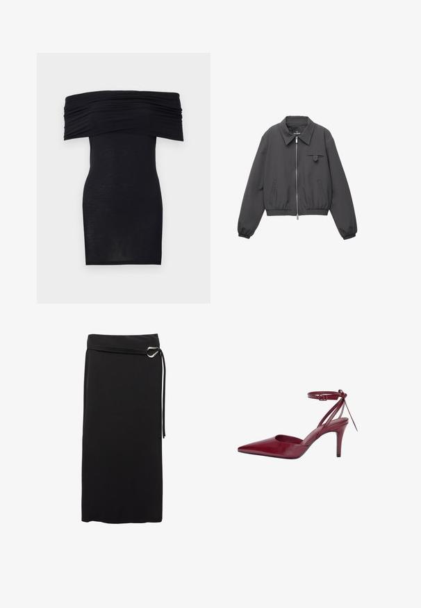 Dark gray zip-up jacket with wide collar, elastic cuffs and hem, two side pockets, and a small flap pocket on the chest.; Black off-the-shoulder dress with gathered neckline, slim fit, and smooth texture. Minimalist design, knee-length with no additional embellishments.; Black midi skirt made of smooth fabric. Features a minimalist design, a belt with a metal ring, and a high waistline.; Burgundy leather high-heeled shoe with pointed toe, open sides, and ankle strap. Features a sleek design and smooth texture.