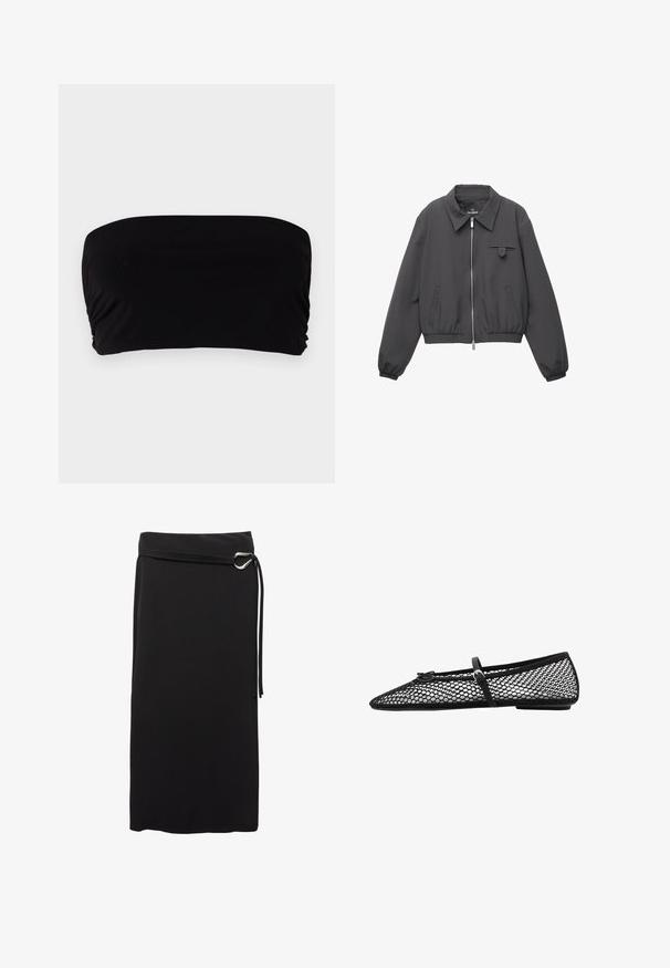 Donkergrijze zip-up jas met brede kraag, elastische manchetten en onderrand, twee zijzakken en een klein klepzakje op de borst.; Zwarte bandeau-top van soepel materiaal, met een eenvoudig ontwerp zonder bandjes, gerimpeld detail aan één kant en een naadloze afwerking.; Zwarte midi rok van gladde stof. Heeft een minimalistisch ontwerp, een riem met een metalen ring en een hoge taille.; Zwarte mesh balletflat met spitse neus, een decoratieve band en subtiele accenten. Heeft een open-net ontwerp en een platte zool.