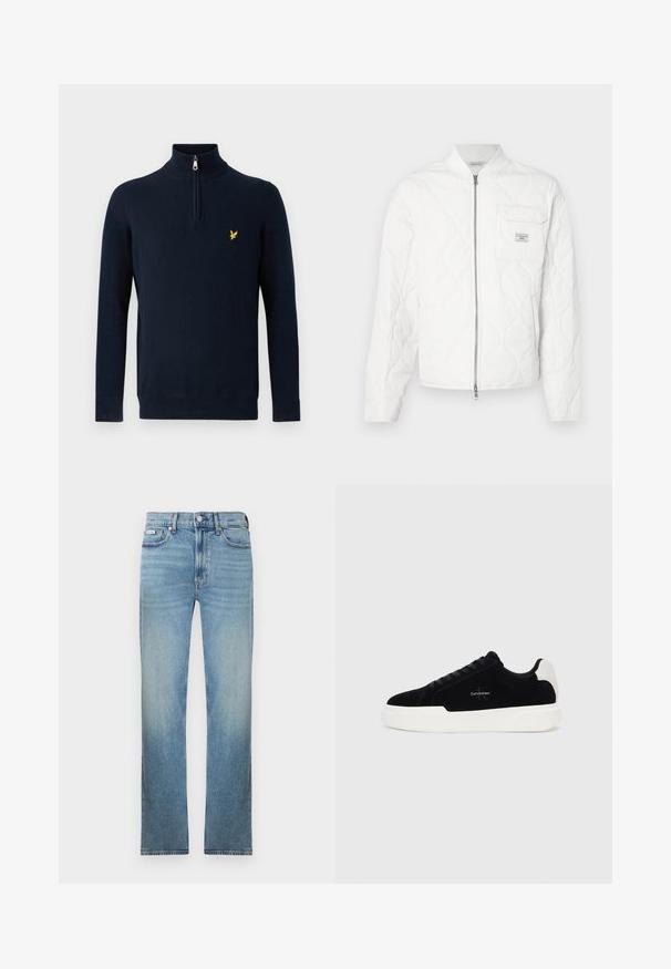 Bijela prešivana jakna s patentnim zatvaračem sprijeda, rebrastim ovratnikom i jednim džepom na prsima s logotipom. Glatka tekstura i minimalistički dizajn.; Mornarsko plavi pulover s polu-zip okovratnikom, izrađen od glatkog materijala; na prsima se nalazi mali žuti vezani logo.; Svijetloplave traperice ravnog kroja, s pet džepova i izblijedjelim finišem. Imaju kopčanje na gumbe i petlje za remen.; Crni niskoprični tenisice s bijelim potplatom i petom, sa vezanjem sprijeda i Calvin Klein logotipom sa strane.