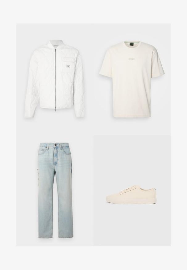 Valkoinen tikattu takki, jossa vetoketjullinen etuosio, resorikaulus ja rintatasku, jossa on logotarra. Sileä pinta ja minimalistinen muotoilu.; BOSS TEE - T-paita - open white; Vaaleansiniset farkkukangassortsit suoralla lahjeella, joissa on kaksi sivutaskua ja nappikiinnitys. Hieman haalistunut pinta antaa tekstuurisen ilmeen.; Beige kankaan tennarit pyörävarvalla, littealla kumipohjalla ja nauhakiinnityksellä. Minimalistinen muotoilu ja kontrastivärinen musta yksityiskohta kantapäässä.