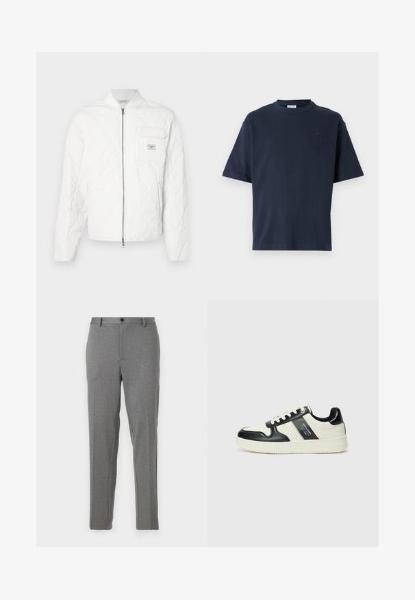 Balta dygsniuota striukė su užtrauktuku priekyje, ribiniu apykakle ir vienu krūtinės kišeniu su logotipo ženkliuku. Glotni tekstūra ir minimalistinis dizainas.; Tamsiai mėlynas trumpomis rankovėmis marškinėliai, pagaminti iš medvilnės. Yra apvalus iškirpimas ir subtilus logotipas krūtinėje. Tiesioginis kirpimas be raštų.; Pilki pritaikyti kelnių, pasižyminčių lygiu paviršiumi, šiek tiek rašto, užtrauktuku ir mygtuku uždarymu, su priekinėmis kišenėmis ir siaurėjančiomis kojomis.; Odiniai sportbačiai juodos ir kreminės spalvų schemoje, su perforuotais akcentais, paminkštinta apykakle ir tekstūruotu padu.