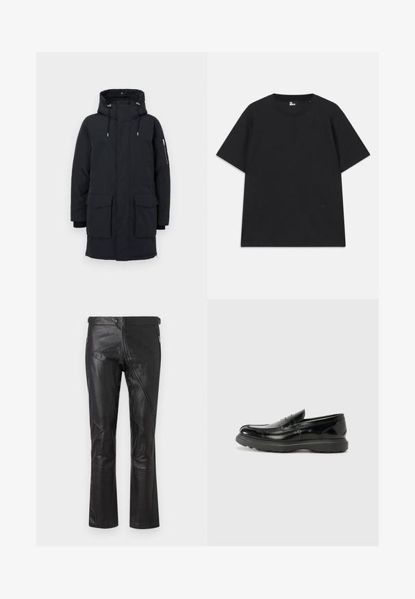 Svart, vadderad parka-jacka med huva, som har två stora framfickor, en blixtlåsficka på ärmen och kontrasterande svarta mudd.; Svart kortärmad t-shirt i bomull, med rund halsringning och en liten logodetalj nära fållen. Slät textur, normal passform.; Svarta läderbyxor med rak bendesign, med dragkedjefickor, knäbeskydd och justerbara midjedetaljer. Slät textur.; Svart läderloaferskor med en glänsande yta, rund tå, diskreta söm detaljer och en tjock gummisula för hållbarhet.