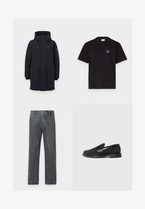 Black padded parka jacket with a hood, featuring two large front pockets, a zippered sleeve pocket, and contrasting black cuffs.; Black cotton t-shirt with a crew neck and short sleeves. Features a small blue logo on the left chest. Simple, straight-cut design.; Evisu WORK PANT WITH DISTRESSED BACK DAICOCK SHAPE - Relaxed fit jeans - grey; Black woven slip-on shoe with a smooth leather accent on the upper, a round toe design, and a low-profile rubber sole.