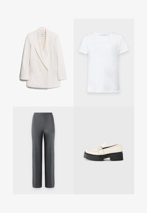 Blazer bianco doppiopetto con ampie revers, due tasche frontali e texture liscia. L'etichetta riporta "IVY OAK".; T-shirt bianca a maniche corte in cotone con design a girocollo. Tessuto liscio e taglio dritto, senza motivi o accenti.; Pantaloni grigi a gamba larga realizzati in un morbido tessuto testurizzato. Presentano una vita alta e nessuna ferramenta o decorazione visibile.; Mocassino in pelle bianca con suola platform nera chunky, caratterizzato da una fibbia rettangolare argentata e dettagli di cucitura visibili sulla parte superiore.