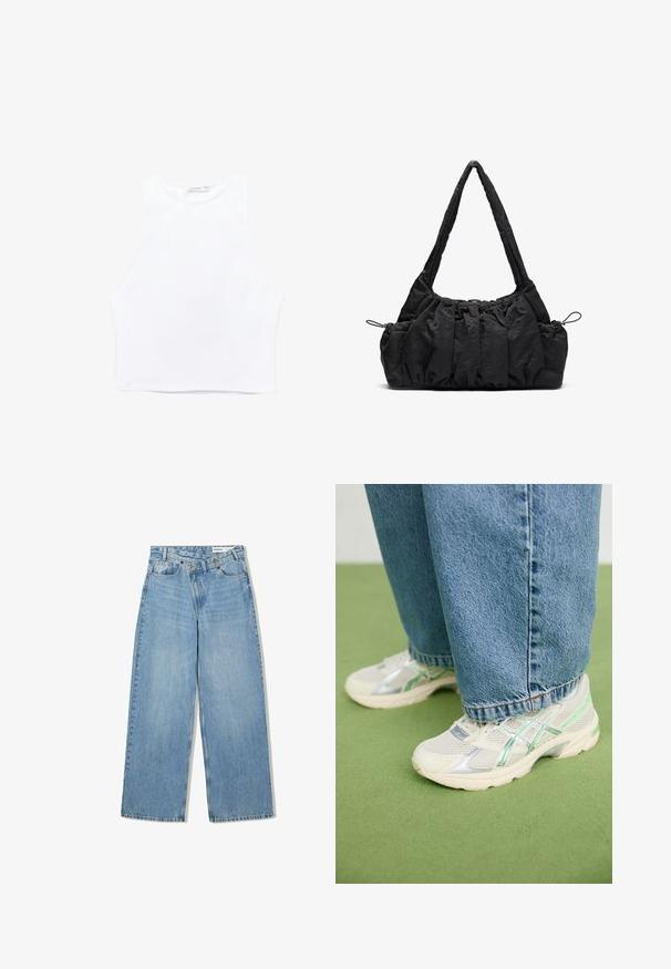 Gekürzte Jeansjacke in Hellblau mit einem Logo-Design, Knopfleiste, zwei Brusttaschen und ausgefranstem Saum.; Weißes, kurz geschnittenes Tanktop aus glattem Stoff. Verfügt über weite Armausschnitte, einen runden Halsausschnitt und saubere Kanten ohne sichtbare Muster oder Verzierungen.; Hellblaue weite Jeans aus Denim, mit hoher Taille, fünf Taschen, Knopfverschluss und dezentem Verblassen für Textur.; Weiße und silberne Netzsneaker mit grünen Akzenten, kombiniert mit lockeren blauen Jeans, stehen auf einem grünen Teppichboden.; Schwarze Stoffhandtasche mit geraffter Textur, zwei Schulterträgern und Kordelzugverschluss an den Seiten. Glattes, leichtes Material.