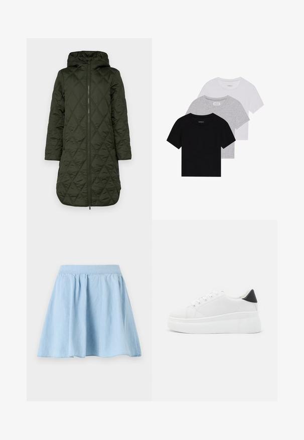 Tume roheline vahtkootud mantel, millel on kvaliteetne rombikujuline tikand, pikad varrukad ja esiõmblus. Täispikk pilt.; Kollektsioon kolm lühikese varrukaga T-särki mustas, hallis ja valges värvitoonis. Valmistatud puuvillast, ümmarguse kaelusega ja lihtsa, ühevärvilise disainiga.; Hele sinine teksaseelik, millel on laienev disain, kogutud vöökoht ja sile tekstuur. Allääre kontuur on õrnalt kumer.; Valged platvormsneakerid, mis on valmistatud siledast sünteetilisest materjalist, ovaalse toe, paelkinnise disaini ja tekstuurse kummitaldiga. Must kontsrihm.