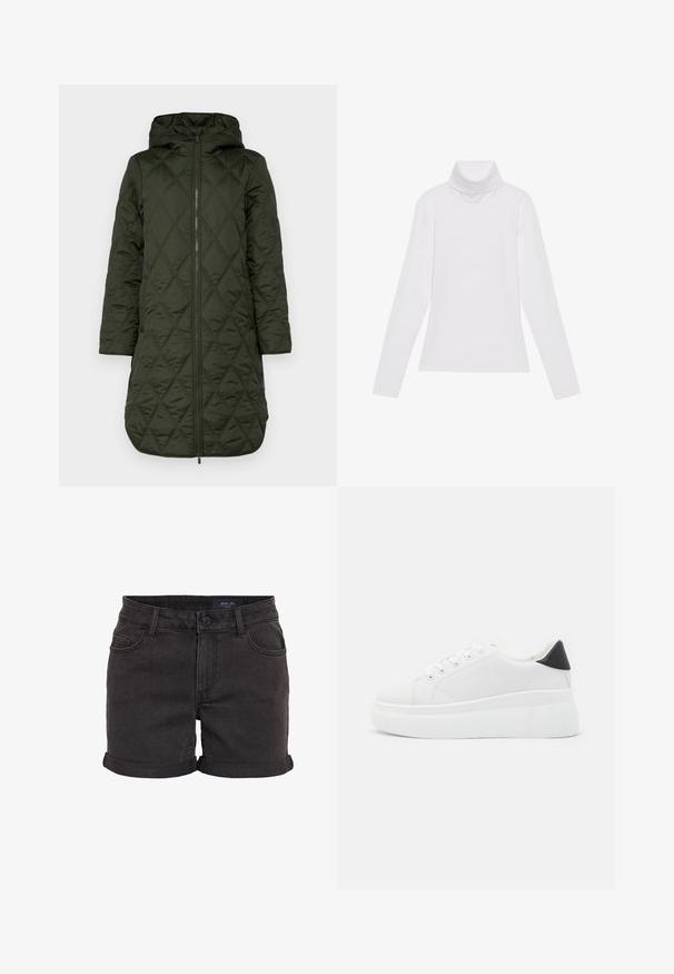 Pildīta kapuci jaka tumši zaļā krāsā, ar dimanta šūto rakstu, garām piedurknēm un priekšējo rāvējslēdzēju.; Balts garie piedurknēm turtlenecks krekls, izgatavots no gludas, elastīgas auduma. Iezīmē augstu apkakli un pielāgotu dizainu, bez redzamām rakstainām vai rotājumiem.; Melni denimi šorti ar apvītām malām, ar piecu kabatu dizainu un pogu aizdari jostasvietā. Gluda tekstūra, brīvs piegriezums.; Baltas platforma kedas, izgatavotas no gludas sintētiskas vielas, ar noapaļotu purngalu, saites dizainu un teksturētu gumijas zoli. Melna papēža akcenta detaļa.