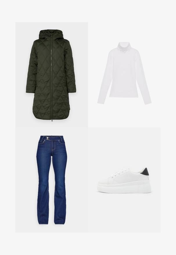 Μακριά παλτό με κουκούλα σε σκούρο πράσινο, διαθέτει διαμαντένιο κέντημα, μακριά μανίκια και μπροστινό φερμουάρ. полноформатное изображение.; Λευκή μακρυμάνικη μπλούζα με ψηλό λαιμό από λείο, ελαστικό ύφασμα. Διαθέτει ψηλό γιακά και εφαρμοστή σχεδίαση, χωρίς ορατά σχέδια ή διακοσμητικά.; Σκούρο μπλε τζιν παντελόνι με ψηλή μέση, ίσια γραμμή, μπροστινές τσέπες και κλείσιμο με κουμπί. Λείο υλικό με διακριτές λεπτομέρειες ραφής.; Λευκά πλατφόρμα αθλητικά παπούτσια κατασκευασμένα από λείο συνθετικό υλικό, με στρογγυλή μύτη, σχέδιο με κορδόνια και υφασμένη καουτσούκ σόλα. Μαύρη έγχρωμη λεπτομέρεια στη φτέρνα.