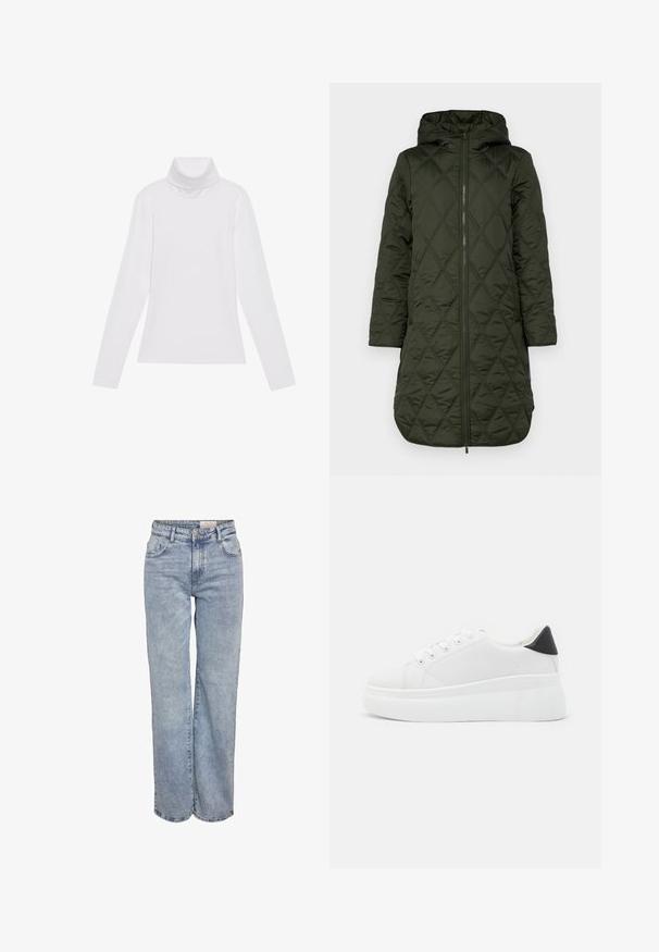 Gevoerde gewatteerde jas met capuchon in donkergroen, met een diamantquiltpatroon, lange mouwen en een rits aan de voorkant.; Witte lange mouw turtleneck top gemaakt van glad, elastisch materiaal. Voorzien van een hoge kraag en een getailleerd ontwerp, zonder zichtbare patronen of versieringen.; Lichtblauwe wijde jeans gemaakt van denim, met een hoge taille, vijf zakken en subtiele vervaging voor een versleten uitstraling.; Witte platform sneakers van glad synthetisch materiaal, met een afgeronde neus, vetersluiting en een gestructureerde rubberen zool. Zwarte hielaccent.
