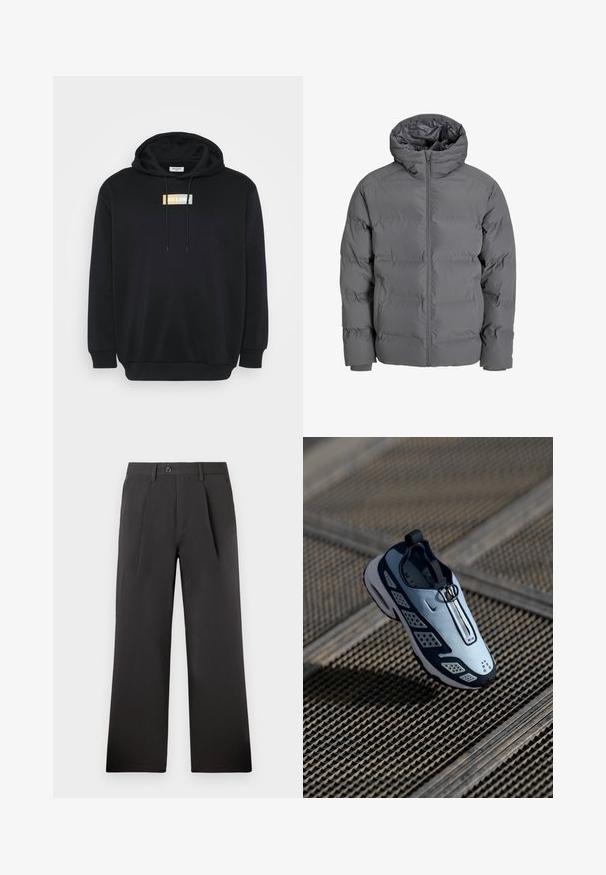 Γκρίζα φουσκωτή ζακέτα με μπροστινό φερμουάρ και κουκούλα. Διαθέτει σχέδιο με ραφές και λεία επιφάνεια, καθώς και ελαστικούς καρπούς. Ελαφριά και θερμαινόμενη.; Μαύρο φούτερ από μαλακό ύφασμα, με λογότυπο μπροστά σε λευκό, κίτρινο και ανοιχτό μπλε. Συμπεριλαμβάνει καγκουρό τσέπη και κουκούλα με κορδόνι.; Μαύροι πλισέ παντελόνες με ίσια γραμμή, φτιαγμένοι από λείο ύφασμα. Διαθέτουν κούμπωμα με κουμπί και θηλιές ζώνης στην μέση.; Τα παπούτσια Nike διαθέτουν σχέδιο slip-on με ανοιχτό μπλε πάνω μέρος, μαύρες λεπτομέρειες και perforated πλευρικά τμήματα. Στρογγυλή μύτη και υφασμάτινη σόλα.