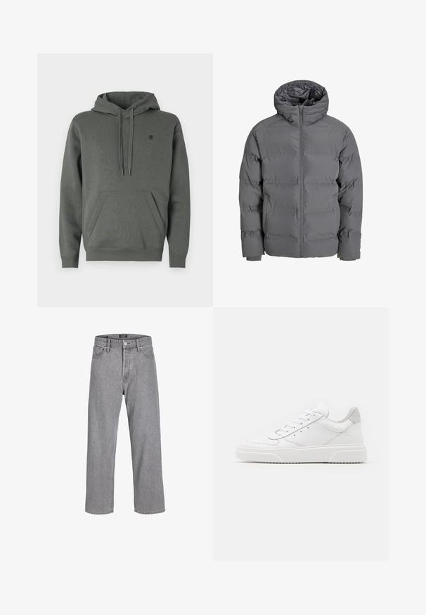 Grå pufferjakke med glidelås foran og hette. Har et quilted design med glatt overflate og elastiske mansjetter. Lettvektig og isolert.; Mørkegrønn bomullshoodie med kengurulomme, justerbar snorhett og subtil logo på brystet; glatt tekstur og avslappet passform.; Grå denim bukser med en avslappet, løs passform. Har et tradisjonelt fem-lommers design og en knappelukking i midjen.; Hvite skinnsko med en glat overflate, rund tå, flate lisser og teksturert såle. Grå semsket innfelt ved hælen.