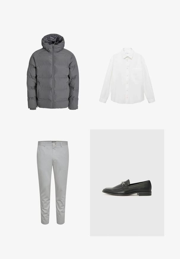 Harmaa puffatakki, jossa on etuvetoketju ja huppu. Takki on vuoritettu ja siinä on sileä pinta sekä joustavat hihansuut. Kevyt ja eristetty.; Mango ANTARES - Vapaa-ajan kauluspaita - white; Harmaat räätälinhousut, joissa on sileä pinta, nappikiinnitys, vyölenkit ja etutaskut. Lyhennetty nilkkapituinen malli.; Musta nahkakengät, joissa on sileä pinta, koristeelliset ompeleet ja metalliketjun yksityiskohta kengän päällä. Littee korko.