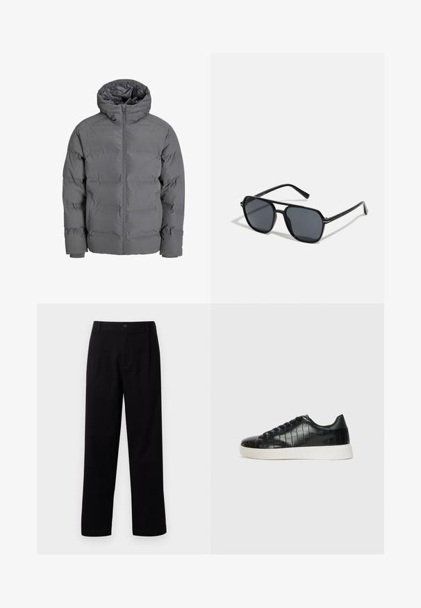 Graue Pufferjacke mit einem Frontreißverschluss und Kapuze. Verfügt über ein gestepptes Design mit einer glatten Außenseite und elastischen Bündchen. Leicht und isoliert.; Weißes Langarmhemd aus Baumwolle mit durchgehender Knopfleiste, klassischem Kragen und übergroßen Ärmeln in lockerer Passform.; Schwarze Stoffhose mit geradem Schnitt, Bundfalten und einem einzigen Knopfverschluss. Glatte Textur und keine sichtbaren Muster.; Schwarze Sneakers mit einer strukturierten, krokodilPrägung aus Leder, runder Zehenpartie und einer kontrastierenden weißen Gummisohle mit glatter Oberfläche.; Schwarze Sonnenbrille mit achteckigem Rahmen, dunklen Gläsern, glänzender Oberfläche, dünnen Bügeln und goldenen Akzenten auf der Vorderseite.