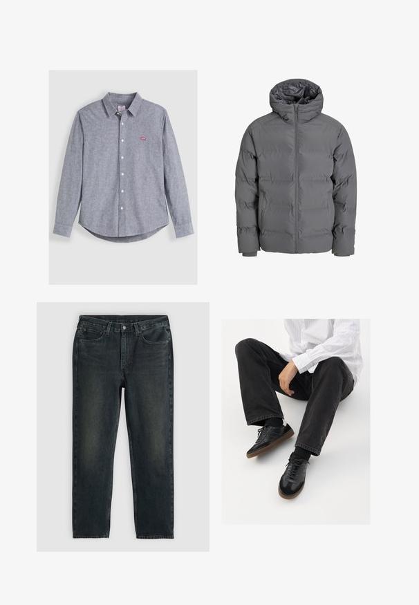 Sivá puhovka s predným zipsom a kapucňou. Má prešívaný dizajn s hladkým povrchom a elastickými manžetami. Ľahká a izolovaná.; Siva srajca z dolgimi rokavi in gumbi na sprednjem delu, s kragnim ovratnikom. Na prsih se nahaja majhna rdeča značka, izdelana iz teksturirane tkanine z belimi gumbi.; Temno modri traper hlače z ravnim krojem, opremljene s petimi žepi, zadrgo in kontrastnim šivom. Nežna bledica na tkanini.; Črne superge z gladkim in strukturiranim zgornjim delom, ki vključuje gumijast podplat in temne vezalke. Uvrščene so z štručasto črnimi kavbojkami in belo črtasto majico.