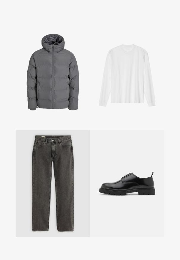 Graue Pufferjacke mit einem Frontreißverschluss und Kapuze. Verfügt über ein gestepptes Design mit einer glatten Außenseite und elastischen Bündchen. Leicht und isoliert.; Langärmliges weißes Baumwoll-T-Shirt mit Rundhalsausschnitt und gerippten Bündchen. Einfaches, ungeschmücktes Design mit glatter Textur und normaler Passform.; Schwarze, ausgeblichene gerade Jeans mit fünf Taschen, Knopfverschluss und Gürtelschlaufen, flach auf einem weißen Hintergrund ausgelegt.; Schwarze Leder Schnürschuhe mit runder Zehenpartie, glatter Oberfläche und genoppter Gummisohle. Verfügen über einen kleinen Absatz und eine Ziehschlaufe auf der Rückseite.