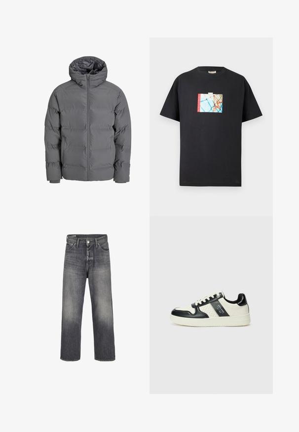 Grå pufferjakke med glidelås foran og hette. Har et quilted design med glatt overflate og elastiske mansjetter. Lettvektig og isolert.; Svart bomull T-skjorte med grafisk trykk av en basketballkurv på en blå bakgrunn med rødt "parkwayCOURTS"-tekstaksel.; Jeans i falmet svart farge, med rette bein, fem-lomme design og metallknapp lukking i midjen.; Lædersneakers med sort og creme farveskema, der har perforerede detaljer, en polstret krave og en struktureret ydersål.