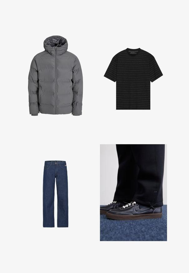 Grå puffjacka med dragkedja fram och huva. Har en quiltad design med en slät yta och elastiska ärmslut. Lätt och isolerad.; Svart kortärmad t-shirt med tunna vita horisontella ränder. Tillverkad av mjukt tyg med rundad hals och avslappnad passform.; Mörkblå denimjeans med lös passform, med knäppt stängning, bälteshällor och framfickor. Texturerat tyg med subtila variationer.; Nike Sportswear KILLSHOT 2 LTR PRM OPP2 - Sneakers - black sail baroque brown mtlc dk grey