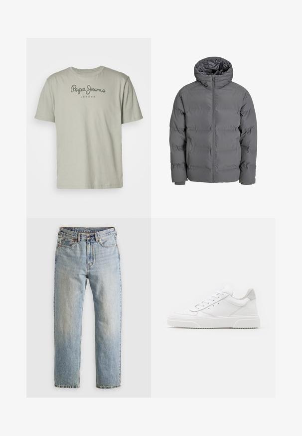 Pilkas pūkinis švarkas su priekiniu užtrauktuku ir kapišonu. Savybės: siuvinėjimo dizainas, lygus paviršius ir tamprūs rankogaliai. Lengvas ir izoliuotas.; Pepe Jeans EGGO - Marškinėliai su spaudiniu - palm green; Šviesiai mėlynos džinsinės kelnės su aukštu liemeniu, priekyje mygtukas, užtrauktukas ir penkių kišenių dizainas, išklotos ant neutralios fono.; Balti odiniai sportbačiai su lygiu paviršiumi, apvaliu pirštu, plokščiomis raištelėmis ir struktūrizuota padu. Pilko zimšo akcentas ant kulno.