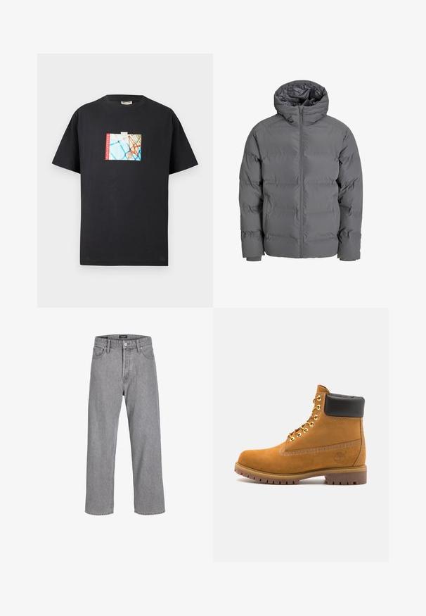 Gray puffer jacket with a front zipper and a hood. Features a quilted design with a smooth exterior and elastic cuffs. Lightweight and insulated.; Black cotton t-shirt featuring a graphic print of a basketball hoop on a blue background with red "parkwayCOURTS" text accent.; Grey denim trousers with a relaxed, loose fit. Features a traditional five-pocket design and a button closure at the waistband.; Tan suede ankle boot with black padded collar, gold metal eyelets, white stitching detailing, and rugged rubber sole with pronounced treads.