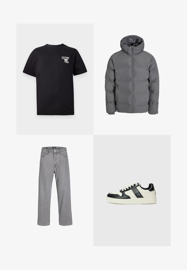 Hall vest, millehall edetõmbe ja kapuutsiga. Omab tikitud kujundust sujuva välimusega ja elastsete mansettidega. Kerge ja soojustav.; Must beežist t-särk lühikeste varrukatega, ümmarguse kaelusega, millel on valge graafiline kujundus vasakul rinnapiirkonnas.; Hallid denim püksid, millel on mugav ja avar lõige. sisaldab traditsioonilist viie tasku disaini ja nööpiga sulgemist vöökoha juures.; Nahatud nahkkingad musta ja kreemi värviskeemiga, millel on perforeeritud aktsendid, pehme krae ja tekstureeritud tallad.