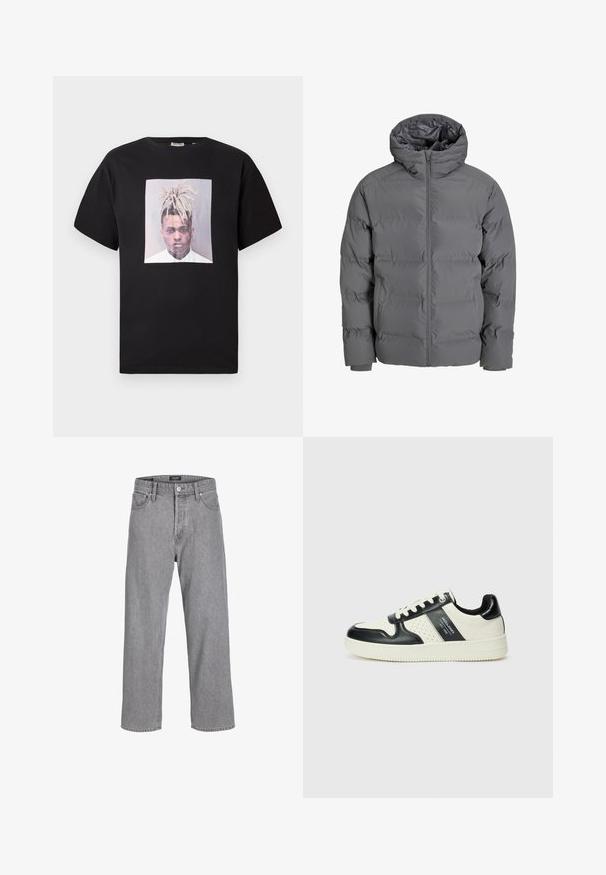 Sivá páperová bunda s predným zipsom a kapucňou. Má prešívaný dizajn, hladký povrch a elastické manžety. Ľahká a zateplená.; Čierne bavlnené tričko s okrúhlym výstrihom, na prednej strane s veľkým potlačou portrétu v štvorcovom ráme. Krátke rukávy, voľný strih.; Šedé denimové nohavice s uvoľneným, voľným strihom. Majú tradičný dizajn s piatimi vreckami a zapínanie na gombík na páse.; Kožené tenisky v čierno-krémovej farbe, s perforovanými akcentmi, polstrovaným golierom a štruktúrovanou podrážkou.