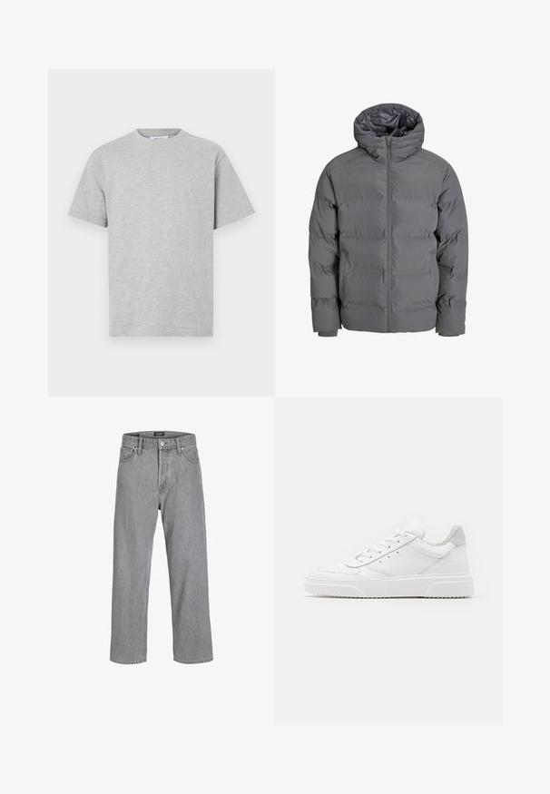 Gray puffer jacket with a front zipper and a hood. Features a quilted design with a smooth exterior and elastic cuffs. Lightweight and insulated.; Gray cotton T-shirt with a crew neckline, short sleeves, and a relaxed fit. Smooth texture with no visible patterns or accents.; Grey denim trousers with a relaxed, loose fit. Features a traditional five-pocket design and a button closure at the waistband.; White leather sneakers with a smooth finish, rounded toe, flat laces, and a textured sole. Grey suede accent at the heel.