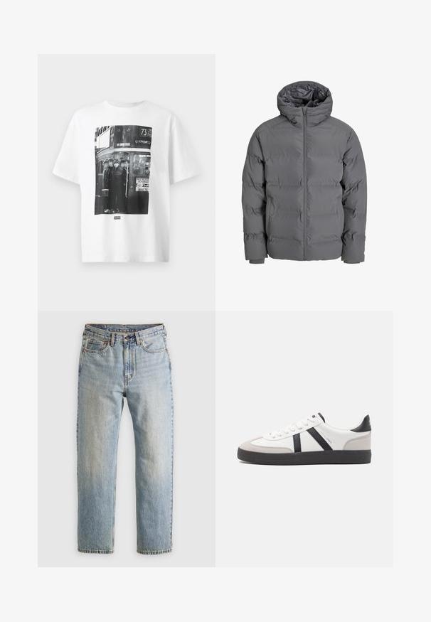 Sivá páperová bunda s predným zipsom a kapucňou. Má prešívaný dizajn, hladký povrch a elastické manžety. Ľahká a zateplená.; Biely bavlnený tričko s čierno-bielou fotografiou štyroch postáv na autobuse, obsahujúce text a grafiku súvisiacu s divadlom a autobusovou trasou.; Svetlomodré džínsy s vysokým pásom, predným gombíkom, zipsom a dizajnom s piatimi vreckami, rozložené na neutrálnom pozadí.; Biele tenisky s čiernymi a šedými akcentmi, s textúrovanou šedou špičkou, čiernou gumovou podrážkou a plochými bielymi šnúrkami. Čistý dizajn, minimalistický štýl.