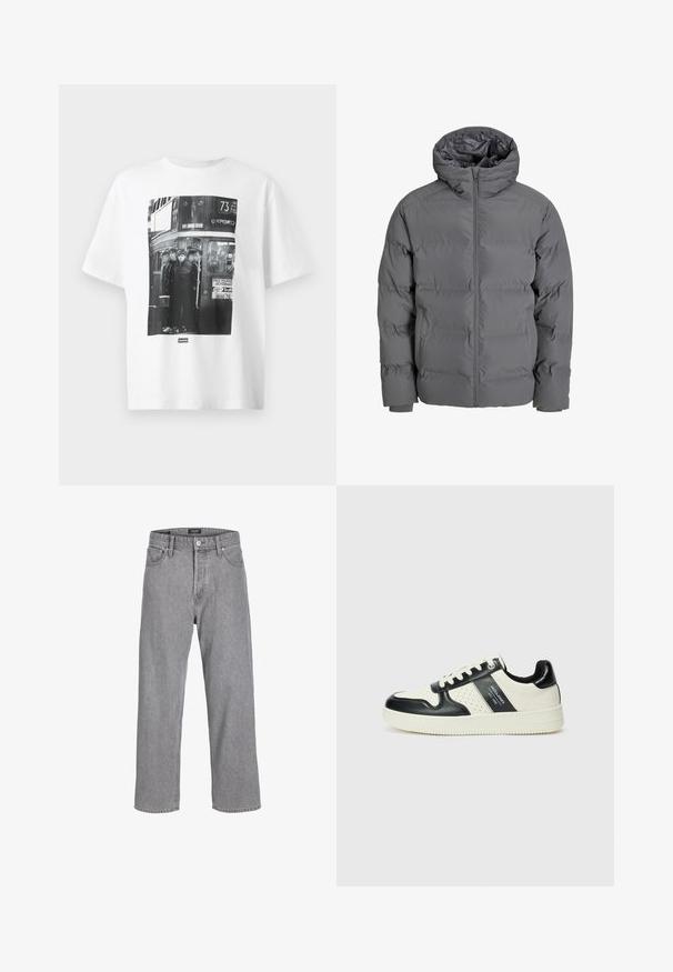 Chaqueta de plumas gris con cremallera en el frente y capucha. Presenta un diseño acolchado con un exterior suave y puños elásticos. Ligera y aislante.; Camiseta blanca de algodón con una impresión fotográfica en blanco y negro de cuatro figuras en un autobús, con texto y gráficos relacionados con un teatro y una ruta de autobús.; Pantalones de mezclilla gris con un ajuste relajado y holgado. Cuenta con un diseño tradicional de cinco bolsillos y un cierre de botón en la cintura.; Zapatillas de cuero con un esquema de colores negro y crema, que cuentan con acentos perforados, un collar acolchado y una suela texturizada.