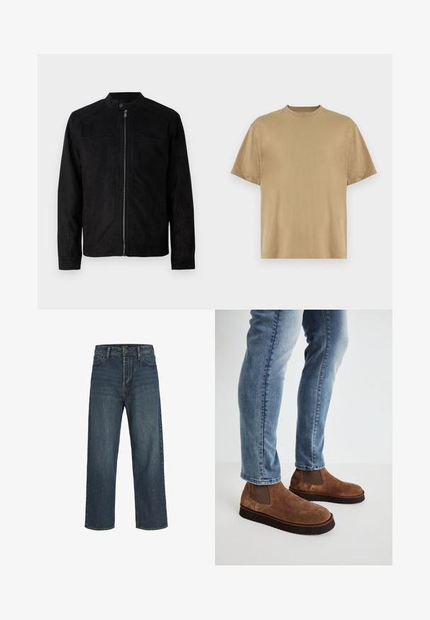 Zwarte suède jas met ritssluiting aan de voorkant, staande kraag met drukknoop en doorgestikte details op de schouderpanelen.; Khaki T-shirt met korte mouwen, gemaakt van zachte stof, met een ronde hals en een losse pasvorm. Geen patronen of graphics zichtbaar.; Donkerblauwe denim jeans met een hoge taille, wijde pijpen, subtiele vervaging en klassieke vijf-pocketstijl. Voorzijde met knoop- en ritssluiting.; Bruine suède enkellaarsjes met elastische zijpanelen, dikke zwarte rubberen zolen, gedragen met lichtblauwe slim-fit jeans.