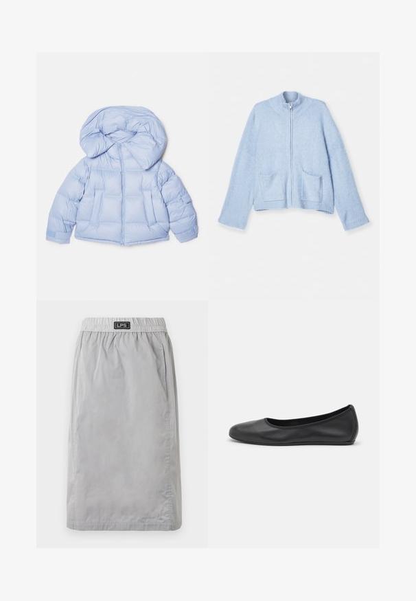 Világoskék puffdzseki nagy kapucnival, cipzáras záródással és steppelt mintázattal. Két elülső zsebbel és rugalmas mandzsettákkal rendelkezik a kényelmes illeszkedés érdekében.; Világoskék cipzáras kardigán, puha gyapjúkeverékből, magas gallérral, bordás mandzsettákkal, két elülső zsebbel, laza szabással és sima felülettel.; Fehér, hosszú ujjú, galléros ing, amely pamutból készült. Gombos elülső része és egyetlen mellzsebe van. Simított textúra, laza szabás.; Szürke, térd-érő szoknya könnyű anyagból, rugalmas derékkal és oldalsó zsebekkel. A derékpánton található a "LPS" márkacímke.; Fekete bőr balettcipő lekerekített orral, sima tekstúrával, minimális varrással és rugalmas talp kialakítással.