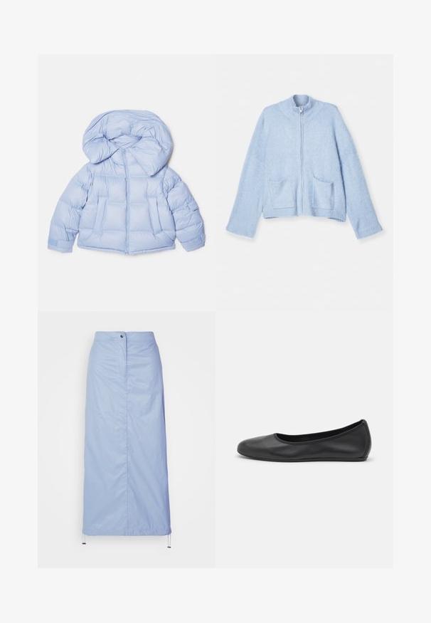 Valkoinen puhallusjakku, jossa on suuri huppu, vetoketjukiinnitys ja tikattu muotoilu. Sisältää kaksi etutaskua ja joustavat hihansuut tiivistä istuvuutta varten.; Vaaleansininen vetoketjullinen neuletakki, pehmeä villasekoitus, korkea kaulus, ribbaillut hihansuut, kaksi etutaskua, rento malli ja sileä pinta.; Valkoinen pitkähihainen kauluspaita, joka on valmistettu puuvillasta. Paidassa on napitettava etuosuus ja yksi rintatasku. Pehmeä pinta, rento malli.; Vaaleansininen, keskipitkä hame, joka on valmistettu sileästä, kevyestä materiaalista ja jossa on suora malli. Hameessa on etupainikekiinnitys ja nyörihelma.; Musta nahkainen ballerina, jossa on pyöristetty kärki, sileä pinta, minimaalinen ommelkoristelu ja joustava pohjamuotoilu.