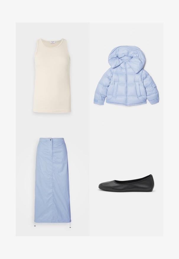 Světle modrá prošívaná bunda s velkou kapucí, zipovým zapínáním a prošívaným designem. Obsahuje dvě přední kapsy a elastické manžety pro těsné uchycení.; Světle modrá mikina na zip, měkká vlna, vysoký límec, žebrované manžety, dvě přední kapsy, uvolněný střih a hladká textura.; Filippa K TANK - Top - dusty beige; Světle modrá sukně střední délky vyrobená z hladkého, lehkého materiálu se rovnými liniemi, má přední zapínání na knoflíky a spodní lem se stahovací šňůrkou.; Černé kožené baletní byty s kulatou špičkou, hladkou texturou, minimálními švy a flexibilním designem podrážky.
