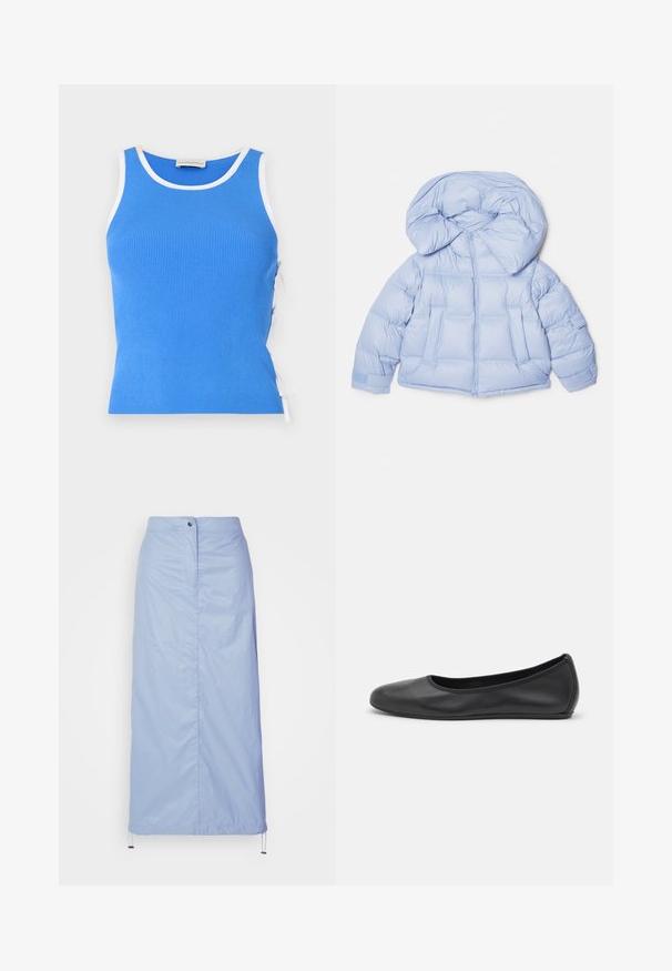 Hele sinine puffjakiga, millel on suur kapuuts, tõmblukk ja tikandiga disain. Omab kahte esist taskut ja elastseid mansette mugava istuvuse tagamiseks.; Hele sinine tõmblukuäärdega kardigan, pehme villasegu, kõrge krae, soonikkoes varrukate otstega, kaks esimest taskut, lõtv istuvus ja sile tekstuur.; Sinine vöötrikkidega tanki topp valge äärega, millel on reguleeritavad küljesidemed sobivuse jaoks. Materjal tundub pehme ja kujundus on keha lähedane.; Hele sinise, keskmise pikkusega seelik, mis on valmistatud siledast, kergest materjalist ja millel on sirge lõige. Seelikul on eesnuppude sulgemine ja tõmbluku äär.; Musthave mustika tantsutossud mustast nahast, ümmarguse varbaga, siledast tekstuurist, minimaalse õmblusdetailiga ja paindliku tallakujundusega.