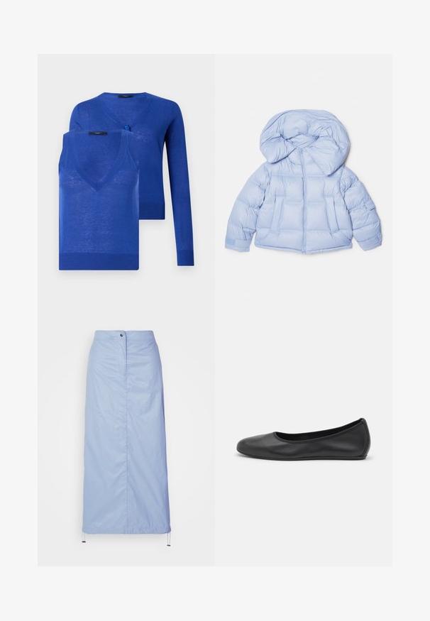 Gaiši zila pūkaina jaka ar lielu kapuci, rāvējslēdzēja aizdare un izšūta rakstu. Iespējas divas priekšējās kabatas un elastīgas aproces, lai nodrošinātu ciešu pieguļošanu.; Zils adīts komplekts, kas ietver garām piedurknēm kardigānu ar V veida kakla izgriezumu un pogu aizdari, kā arī bezpiedurkņu topu ar līdzīgu kakla izgriezumu. Gluda tekstūra.; Baltais garo piedurkņu krekls ar apkakli, izgatavots no kokvilnas. Aprīkots ar pogu aizdari priekšā un vienu krūšu kabatu. Gluda tekstūra, brīvs piegriezums.; Gaiši zila, vidēja garuma svārki, izgatavoti no gluda, viegla materiāla ar taisnu piegriezumu, ar priekšējo pogu aizdari un auklu apakšmalā.; Melna ādas baleta kurpe ar noapaļotu purngalu, gludu tekstūru, minimālu šuvju detalizāciju un elastīgu zoles dizainu.